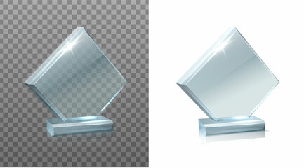 3d realistic vector icon set. Square glass winner trophy front view. On white and transparent background.