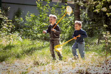 little boys with butterfly nets in countryside. Image with selective focus