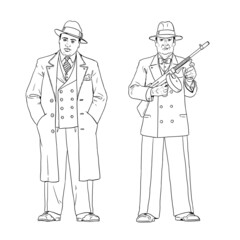 Mafia boss Al Capone with his bodyguard. Gangsters from the 1920s drawing.