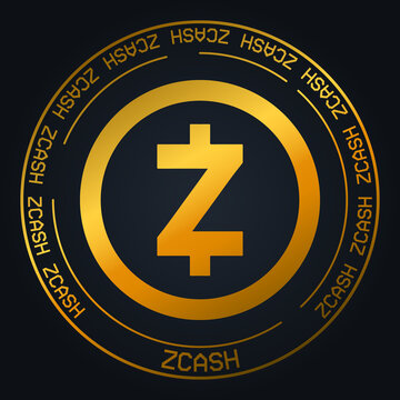 Zcash ZEC cryptocurrency vector background. Golden coin logo on black backdrop.