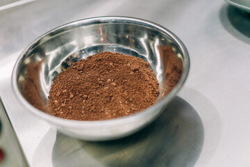 chocolate crumbs grated metal plate cocoa baking