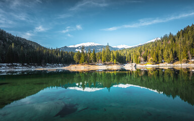 Panoramic view of nature in Caumasee lake near Flims, in the Grisons, Switzerland