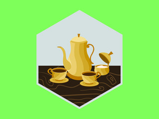 Tea time with teapot, couple of cup, and sugar flat vector illustration isolated on green. best for product cover, magazine content, ads, poster, banner, and coffee shop and kitchen wall decoration