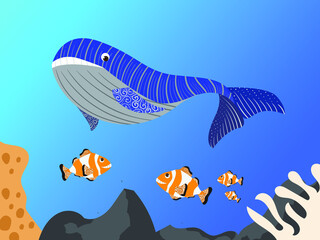 Whale and clownfish family swim among coral reef underwater flat vector illustration concept