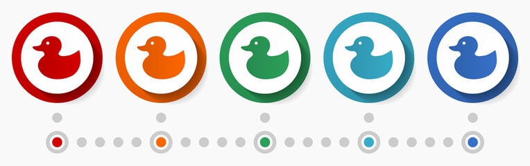 Duck, toy concept vector icon set, flat design colorful buttons, infographic template in 5 color options