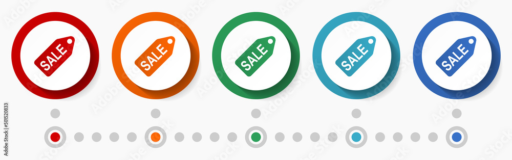 Aufkleber sale, shop concept vector icon set, infographic template, flat design circle colorful web buttons in
