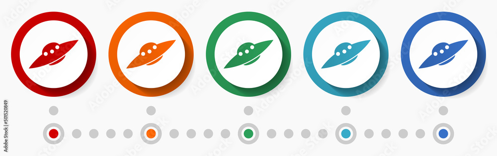 Fototapete alien spaceship concept vector icon set, infographic template, flat design colorful web buttons in 5