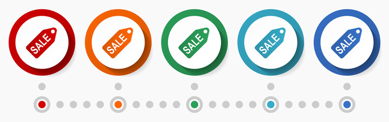 Sale, shop concept vector icon set, infographic template, flat design circle colorful web buttons in 5 color options