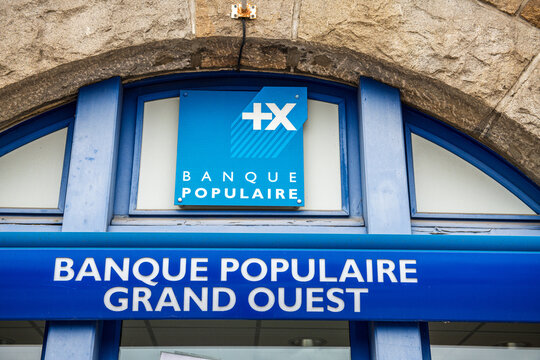Dol de Bretagne, Brittany,  France -  August 01 2021 : Facade of the bank branch Banque Populaire Grand Ouest