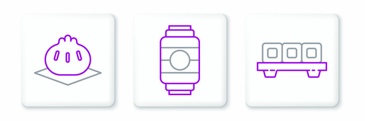 Set line Sushi on cutting board, Khinkali and Japanese paper lantern icon. Vector