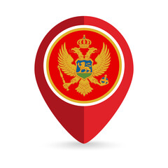 Map pointer with contry Montenegro. Montenegro flag. Vector illustration.