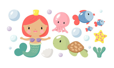 Cartoon sea characters. Cute Mermaid, jellyfish, sea turtle, starfish, fish. Good for baby shower invitations, birthday cards, stickers, prints etc.