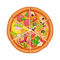Pizza consisting of different pieces. Six types