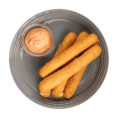 Isolated plate of fried cheese sticks appetizer on white background