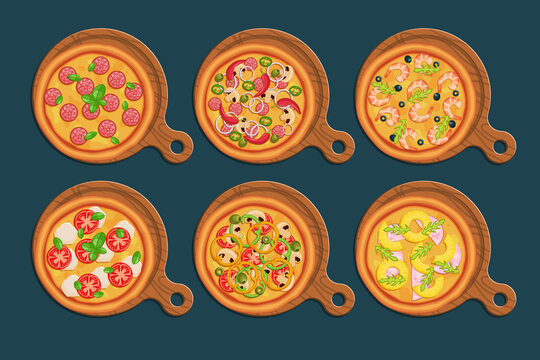 Six types of pizza on wooden boards