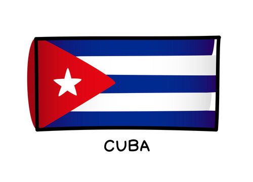 Flag of Cuba. Colorful Cuban flag logo. Blue and white brush strokes, hand drawn. Black outline. Vector illustration