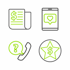 Set line Star and dollar, Telephone handset speech bubble chat, Mobile like with heart and Financial news icon. Vector