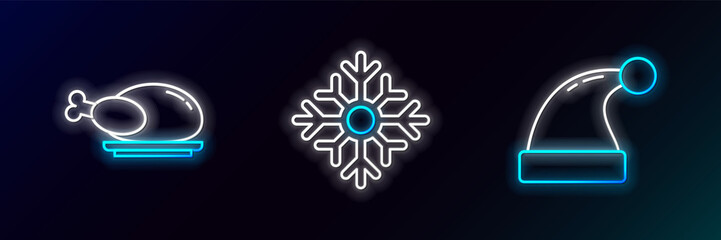 Set line Christmas Santa Claus hat, Roasted turkey or chicken and Snowflake icon. Glowing neon. Vector