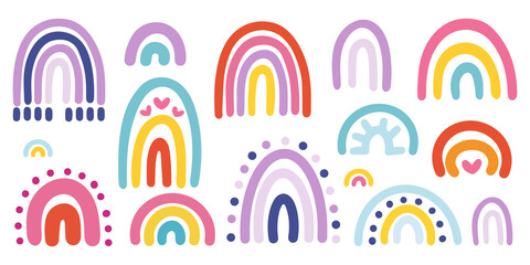 Hand drawn set of different rainbows with hearts, dots. Cute bright collection on white background