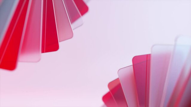 A fan of transparent, pink and red plastic cards unfolds. Plastic. Pink background. Inserts. 3d animation.