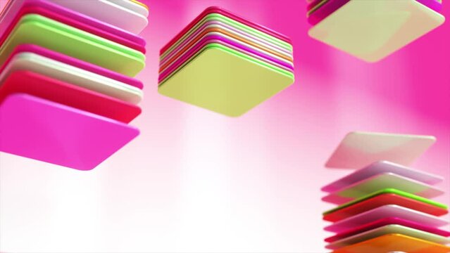Abstract colored square flat objects are collected in stacks. Pink white green color. 3D animation of a seamless loop.