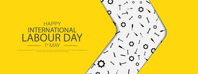 Labour day or international workers' day banner template design with Yellow safety hat and construction equipment.
