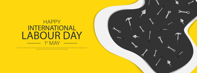 Labour day or international workers' day banner template design with Yellow safety hat and construction equipment.