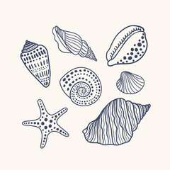 Sea shells, fossils and mollusks underwater object set. Summer beach hand-drawn seaside vector print. Fashion bright multicolored illustration. Seashore elements design