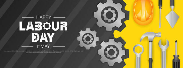 Labour day or international workers' day banner template design with Yellow safety hat and construction equipment.