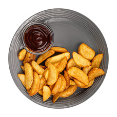 Isolated plate of baked potato wedges on white background