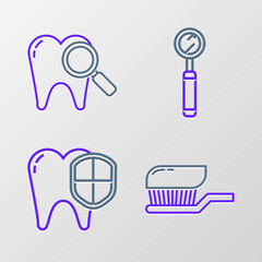 Set line Toothbrush with toothpaste, Dental protection, inspection mirror and search icon. Vector