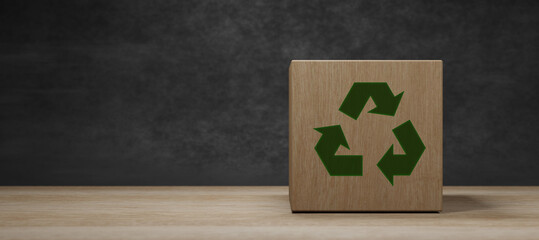 Wooden block with symbol of ecology, ecological reuse environmental, reusable recycling 3d render