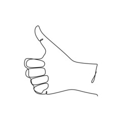 Single line drawing of hand showing thumb up. Sign and symbol of hand gestures. Single continuous line drawing. Hand drawn style art doodle isolated on white background illustration