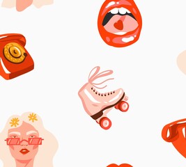 Obraz premium Hand drawn vector abstract stock flat graphic illustration print with retro ,vintage boho modern seamless pattern with hippie illustrations,phone,roller sketer,hippie girl portrait and lips isolated.