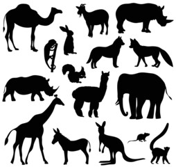set of animals black silhouette, on white background, isolated, vector