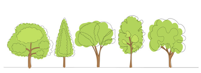 trees drawing by one continuous line, sketch - obrazy, fototapety, plakaty