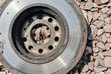 old used rusty car brake discs in bad condition