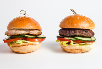 Burger with chicken and beef, burger, burger on a white background