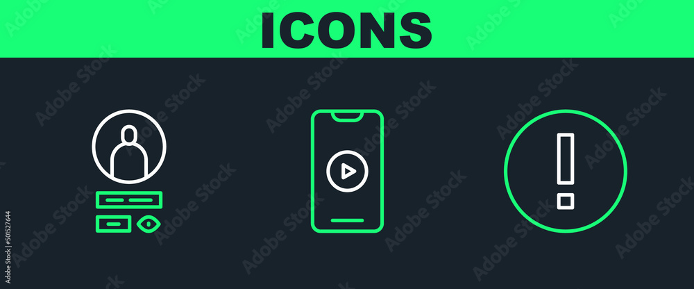 Poster set line information, create account screen and online play video icon. vector