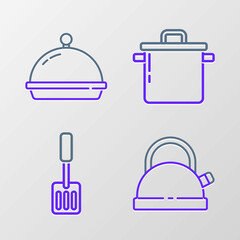 Set line Kettle with handle, Spatula, Cooking pot and Covered tray of food icon. Vector