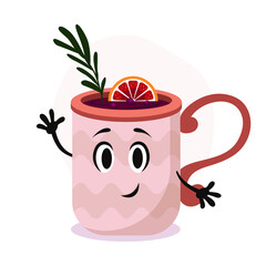 Vector big brown cup with hot drink. Mulled wine with rosemary and orange. Funny cartoon mug character with smile. 
