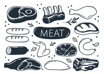 set of hand drawn meat products. illustration drawn in doodle style