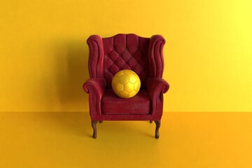 golden soccer ball on a red vintage sofa, yellow background 3d rendering