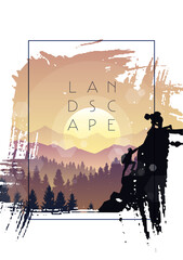 Mountain landscape. The frame of brush strokes. Hiking. Adventure. Travel concept of discovering, exploring and observing nature. Polygonal minimalistic graphic flat design. Vector illustration.
