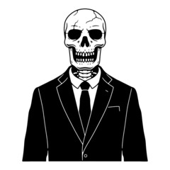 SKELETON DRESSED IN A TUXEDO BLACK WHITE BACKGROUND