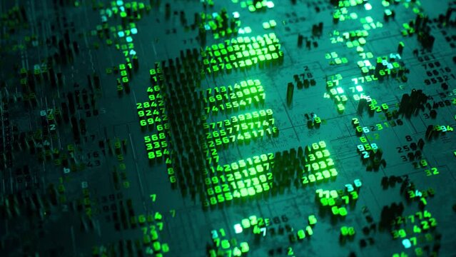 Euro logo in the form of a microcircuit. Payment systems. Electronic transactions. Digital currency. 3d animation