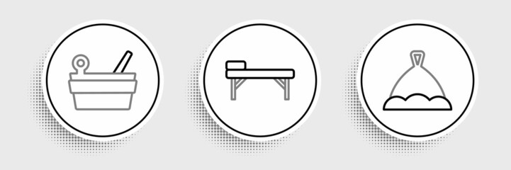 Set line Sauna hat, bucket and ladle and Massage table icon. Vector