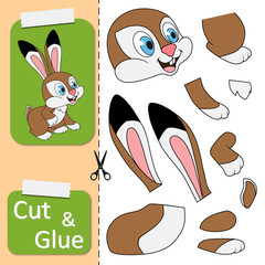 Cut and glue the paper cute Hare. Create application the cartoon Rabbit. Education riddle entertainment or amusement for children. Kids logic game and activities jigsaw. Preschool worksheet activity.