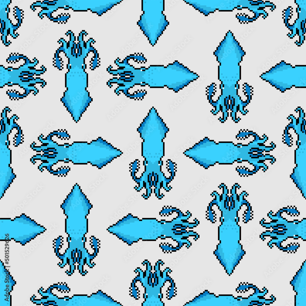 Poster squid pixel art pattern seamless. 8 bit calamary background. pixelated texture