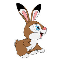 Cartoon brown Hare with long ears smiling. Side view. Easter Rabbit isolated on white background. Template for celebration, decoration and design. Education card for kids learning wild or farm animals